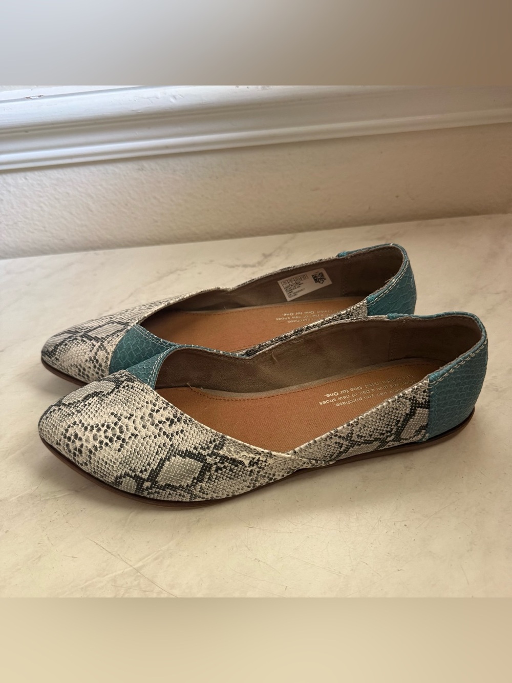 Toms Snake-Print Ballet Flats with Teal Heel Accent